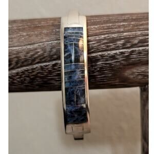 Vintage Substantial Mexican 950 Sterling Silver Sodalite Inlay Bangle Bracelet